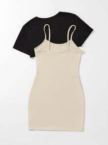 SHEIN Unity 高低下擺短款T恤和字母圖案吊帶洋裝 - 彩色 - 查看 2