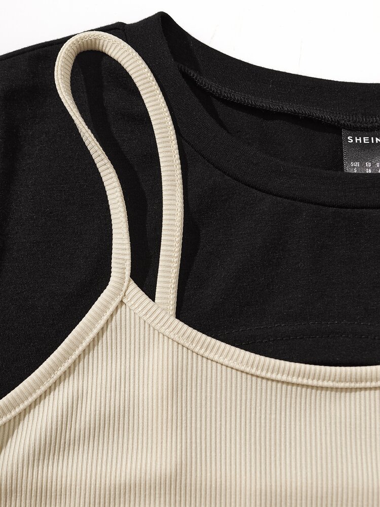 SHEIN Unity High Low Hem Crop Tee & Letter Graphic Cami Dress - Multicolor - View 5