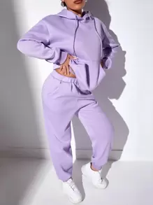 SHEIN SXY Kangaroo Pocket Drawstring Hoodie & Joggers - Lilac Purple - View 1