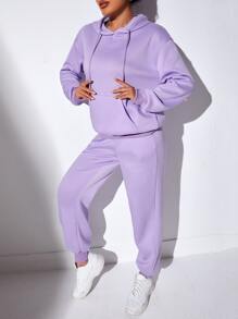 SHEIN SXY Kangaroo Pocket Drawstring Hoodie & Joggers - Lilac Purple - View 3