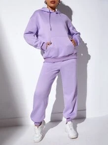 SHEIN SXY Kangaroo Pocket Drawstring Hoodie & Joggers - Lilac Purple - View 5