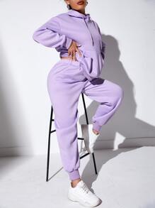 SHEIN SXY Kangaroo Pocket Drawstring Hoodie & Joggers - Lilac Purple - View 6