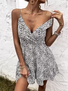 SHEIN Unity Leopard Print Ruffle Hem Cami Dress - Black and White - View 1