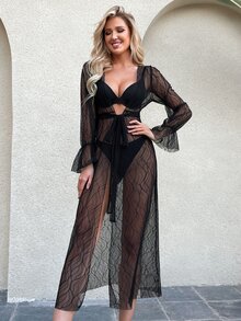 網紗前打結和服罩衫 - 黑色 - 查看 5