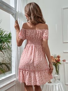 Chiquease Vestido floral de hombros descubiertos con cordón delantero bajo con fruncido - Rosa - Ver 2