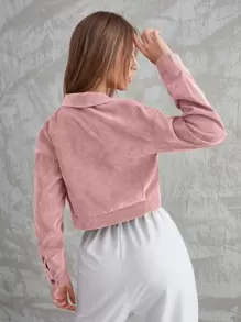 Mulvari Corduroy Flap Pocket Button Up Crop Jacket Fall Winter Cloth For Women - Dusty Pink - View 2