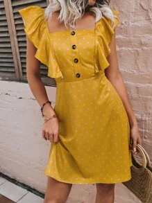 波卡圓點假鈕扣方領荷葉邊洋裝 - 芥末黃 - 查看 1