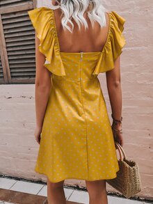 波卡圓點假鈕扣方領荷葉邊洋裝 - 芥末黃 - 查看 2