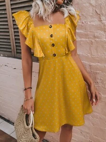 波卡圓點假鈕扣方領荷葉邊洋裝 - 芥末黃 - 查看 3