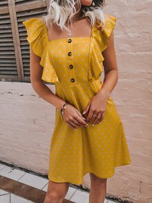 波卡圓點假鈕扣方領荷葉邊洋裝 - 芥末黃 - 查看 4