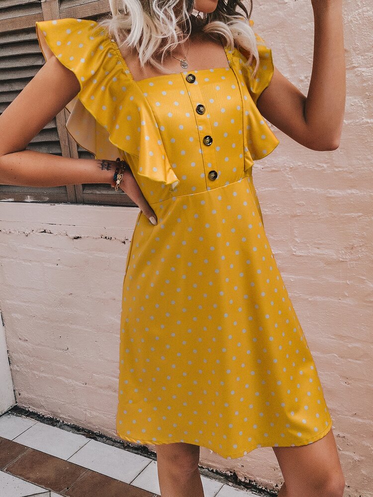 波卡圓點假鈕扣方領荷葉邊洋裝 - 芥末黃 - 查看 5