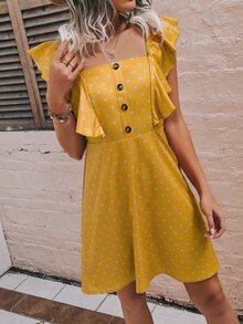 波卡圓點假鈕扣方領荷葉邊洋裝 - 芥末黃 - 查看 6