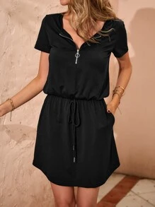 Quarter O-ring Zipper Knot Front Dress - Black - View 5