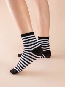5pairs Cartoon & Striped Pattern Crew Socks - Black and White - View 2