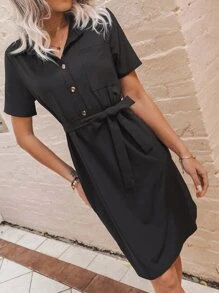 口袋貼布腰帶襯衫洋裝