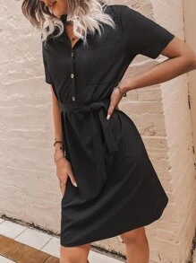 口袋貼布腰帶襯衫洋裝