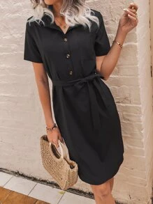 口袋貼布腰帶襯衫洋裝