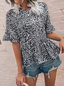 豹紋印花荷葉袖荷葉擺T恤 - 彩色 - 查看 1