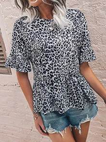 豹紋印花荷葉袖荷葉擺T恤 - 彩色 - 查看 3