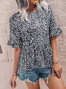 豹紋印花荷葉袖荷葉擺T恤 - 彩色 - 查看 5