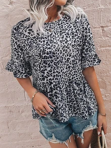 豹紋印花荷葉袖荷葉擺T恤 - 彩色 - 查看 6