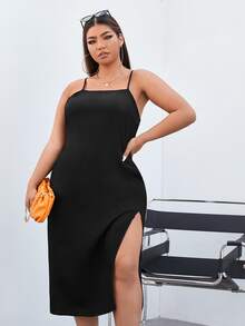 Đầm Plus Size Lộ Lưng Tách cao màu trơn Hấp dẫn - màu đen - Xem 3