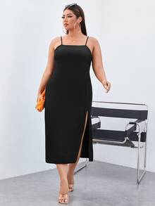 Đầm Plus Size Lộ Lưng Tách cao màu trơn Hấp dẫn - màu đen - Xem 4