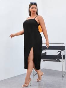 Đầm Plus Size Lộ Lưng Tách cao màu trơn Hấp dẫn - màu đen - Xem 5