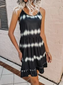 Tie Dye Ruffle Hem Cami Dress - Black and White - View 4