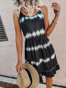 Tie Dye Ruffle Hem Cami Dress - Black and White - View 5