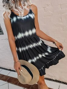 Tie Dye Ruffle Hem Cami Dress - Black and White - View 6