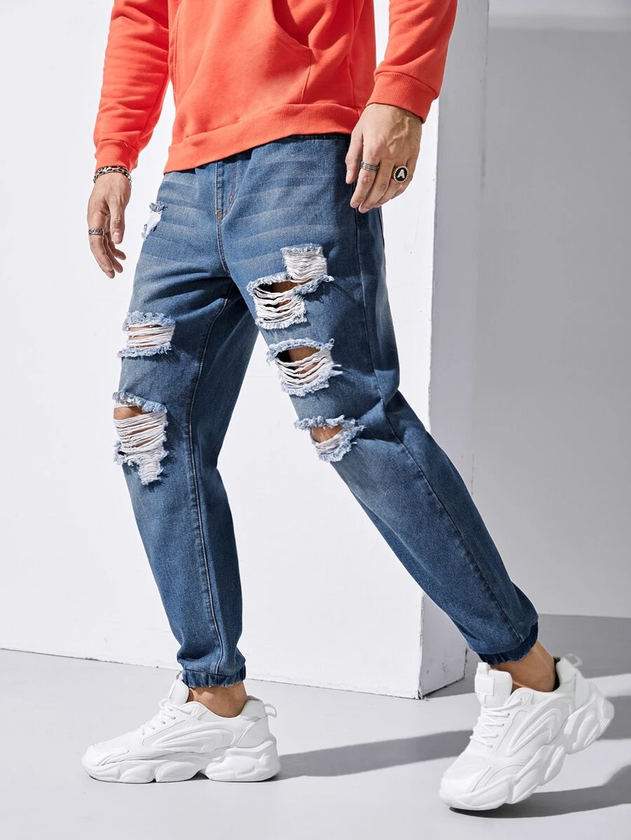 GENTILAND Men Zipper Fly Ripped Tapered Jeans - Medium Wash - View 1