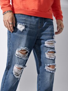 GENTILAND Men Zipper Fly Ripped Tapered Jeans - Medium Wash - View 3