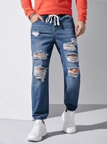 GENTILAND Men Zipper Fly Ripped Tapered Jeans - Medium Wash - View 5