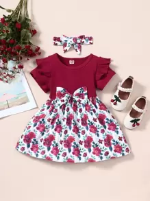 Baby Floral Print Ruffle Trim Bow Front Dress With Headband - Multicolor - View 1