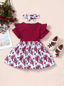 Baby Floral Print Ruffle Trim Bow Front Dress With Headband - Multicolor - View 2