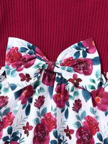 Baby Floral Print Ruffle Trim Bow Front Dress With Headband - Multicolor - View 5