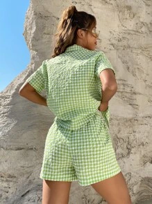 SHEIN Unity Buffalo Plaid Blouse and Shorts Set - Mint Green - View 3