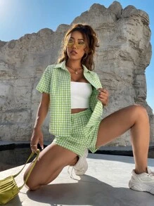 SHEIN Unity Buffalo Plaid Blouse and Shorts Set - Mint Green - View 5