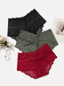 Shein Underwear&Sleepwear Basics 3er Pack Große Größen Spitzen-Unterwäsche mit Zackenkante