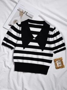 SHEIN Unity 誇大領口條紋圖案針織上衣 - 黑與白 - 查看 1