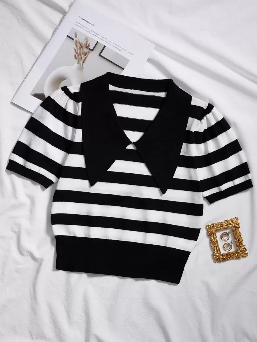 SHEIN Unity 誇大領口條紋圖案針織上衣 - 黑與白 - 查看 1