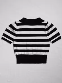 SHEIN Unity 誇大領口條紋圖案針織上衣 - 黑與白 - 查看 2