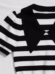 SHEIN Unity 誇大領口條紋圖案針織上衣 - 黑與白 - 查看 3