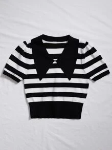 SHEIN Unity 誇大領口條紋圖案針織上衣 - 黑與白 - 查看 4