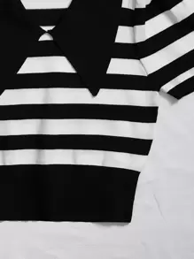 SHEIN Unity 誇大領口條紋圖案針織上衣 - 黑與白 - 查看 5