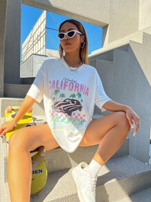 SHEIN Unity Letter & Car Print Drop Shoulder Oversized Tee - White - View 3