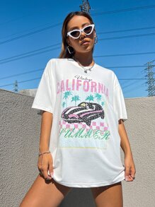 SHEIN Unity Letter & Car Print Drop Shoulder Oversized Tee - White - View 4