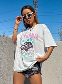SHEIN Unity Letter & Car Print Drop Shoulder Oversized Tee - White - View 5