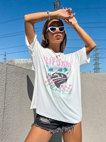 SHEIN Unity Letter & Car Print Drop Shoulder Oversized Tee - White - View 6